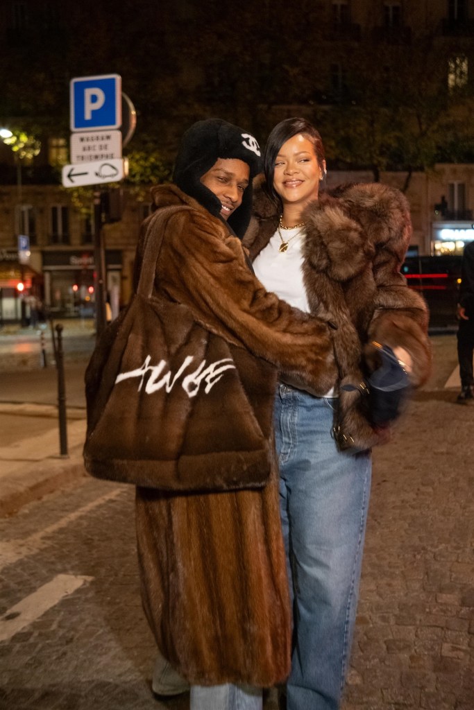 A$AP Rocky and Rihanna posing together after dinner in Paris.