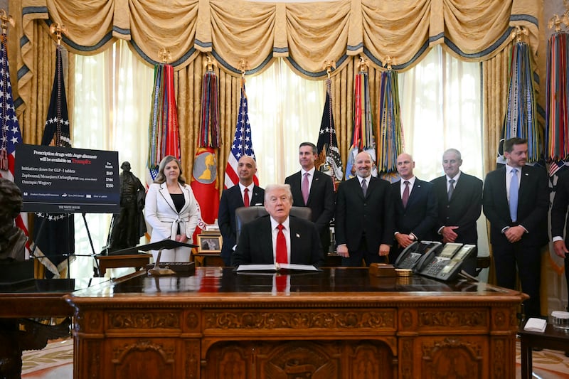 President Donald Trump speaking in the Oval Office moments before an attendee for the announcement on drug prices collapsed on November 6, 2025.