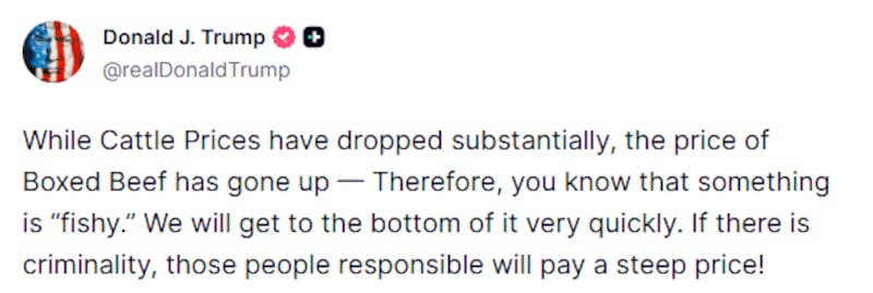 President Donald Trump talks about the price of beef on Truth Social.