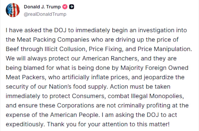 President Donald Trump talks about the price of beef on Truth Social.