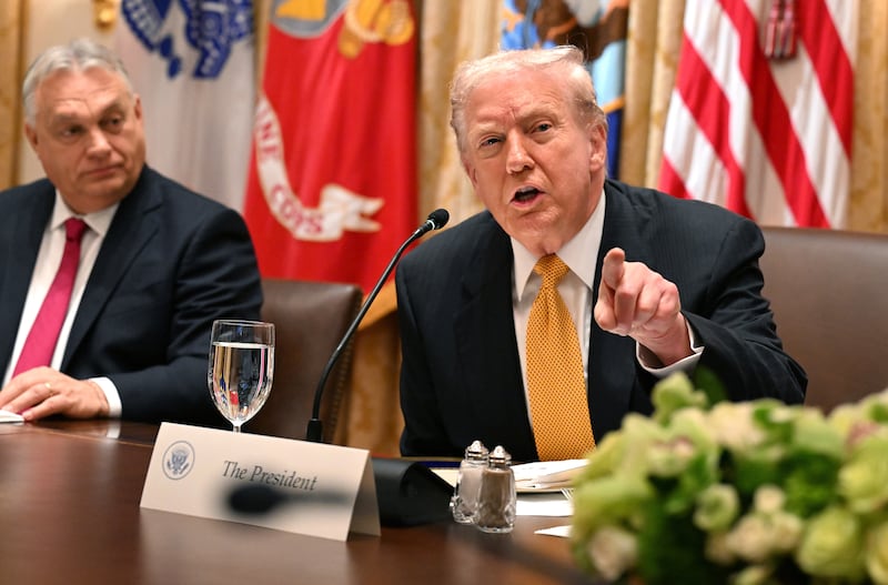 WASHINGTON, DC - NOVEMBER 07: U.S. President Donald Trump meets with Prime Minister of Hungary Viktor Orban (L) during a bilateral lunch in the Cabinet Room of the White House on November 7, 2025 in Washington, DC. Trump and Orban discussed the war in Ukraine, Hungary’s purchase of Russian oil, and European relations. (Photo by Roberto Schmidt/Getty Images)