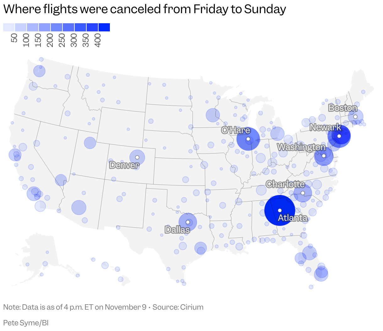A map of the US with airports represented by bubbles of varying size and color depending on how many flights were canceled between Saturday 8 November and Monday 10 November