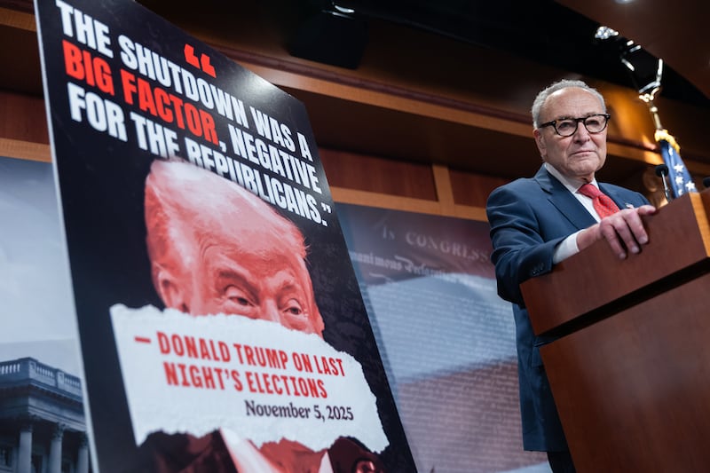 Senate Minority Leader Chuck Schumer speaks at a press conference as the government shutdown continues in Washington, D.C. on November 5, 2025.