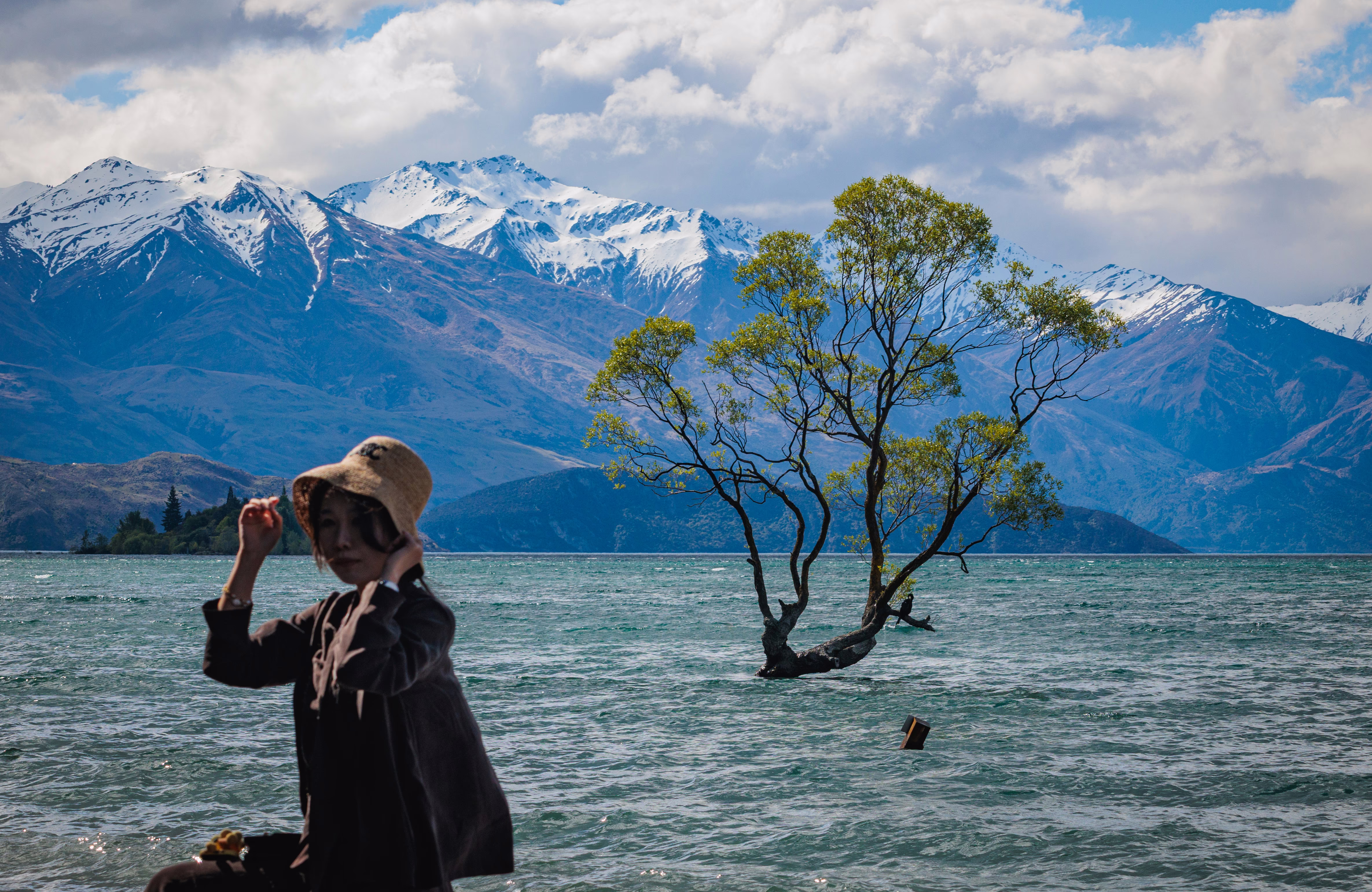 A tourist poses in front of a single willow tree that is partially submerged in a lake, in front of snow capped mountains.