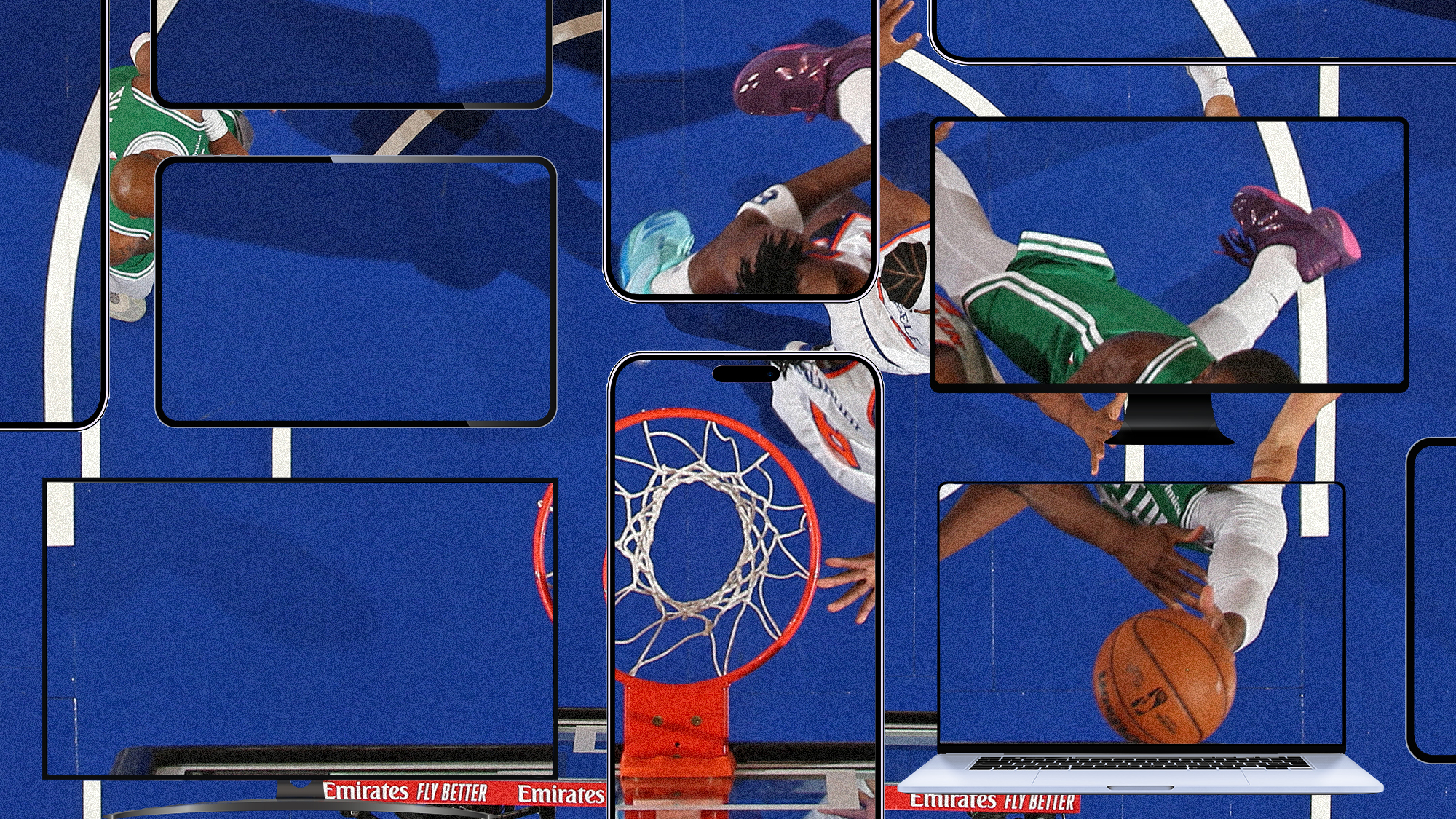 Aerial photograph of Knicks and Celtics basketball players at a hoop, overlayed with transparent laptop, desktop monitor, tablet, and smartphone screens