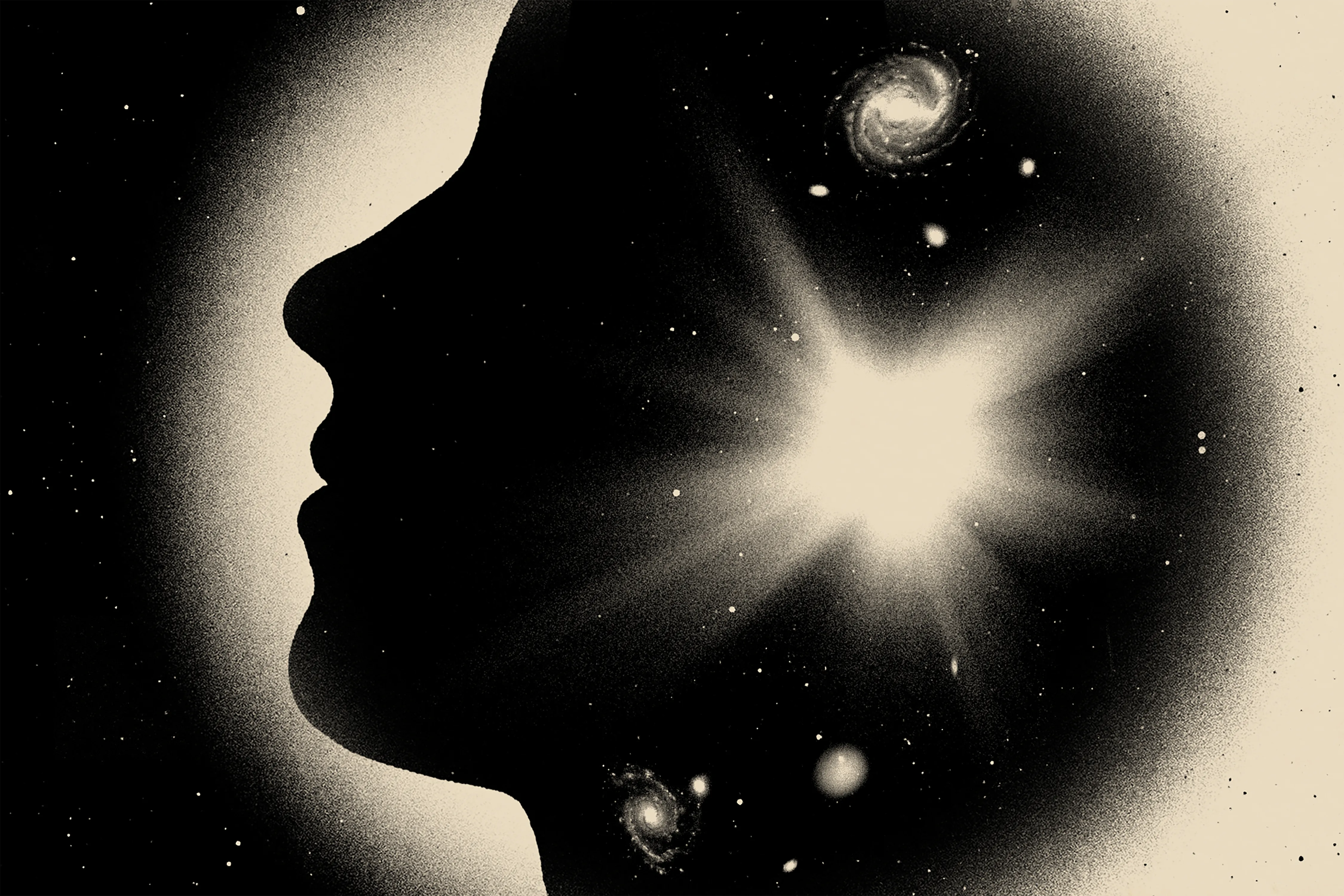 Illustration of a face silhouetted against the cosmos