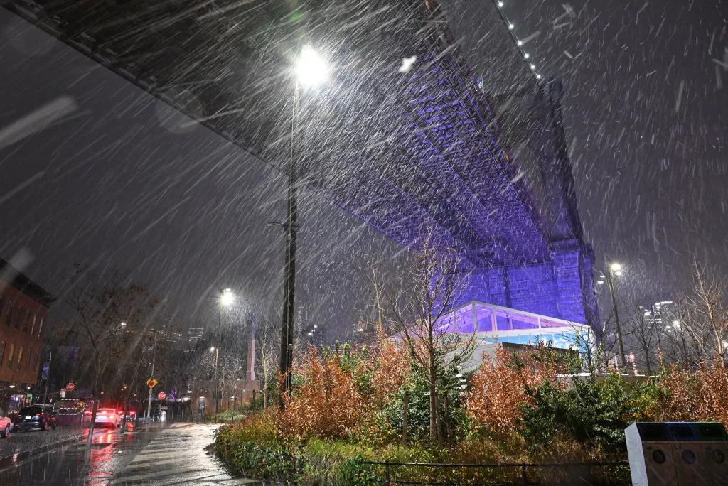 View inside Brooklyn Bridge Park with snow falling, showing the Brooklyn Bridge through thick snow.