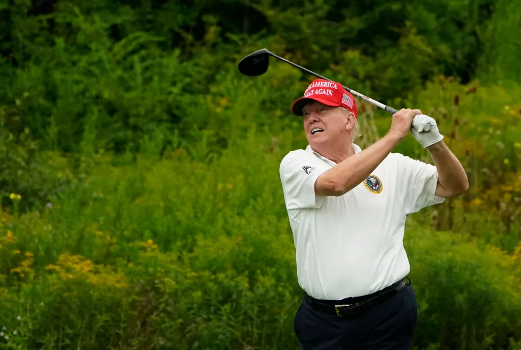 President Donald Trump tees off during a round of golf at the Official Pro-Am Tournament at Trump National Golf Club in Bedminster, New Jersey, on Aug. 11, 2024.