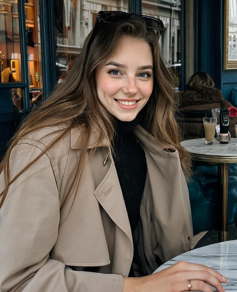 An artificial rendering of the AI-actor Tilly Norwood in a coffee shop.