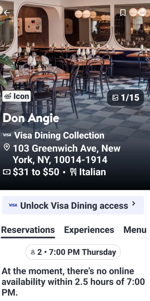 Screenshot of the Open Table app showing Don Angie restaurant, where there are no reservations available for Thursday, November 4th, 2025.