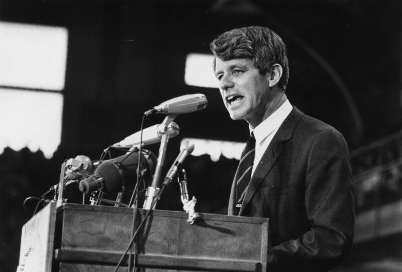 1968:  Senator Robert Kennedy speaking at an election rally.  (Photo by Harry Benson/Express/Getty Images)
