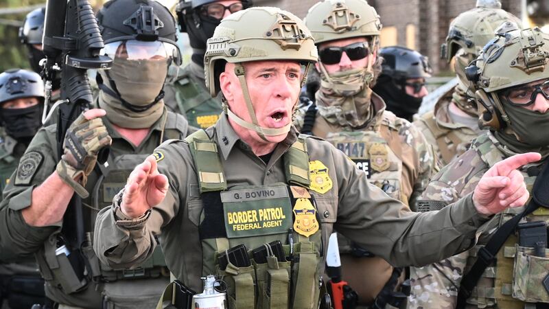Border Patrol Chief Gregory Bovino of the El Centro Sector stands amid a protest outside an ICE facility in Broadview