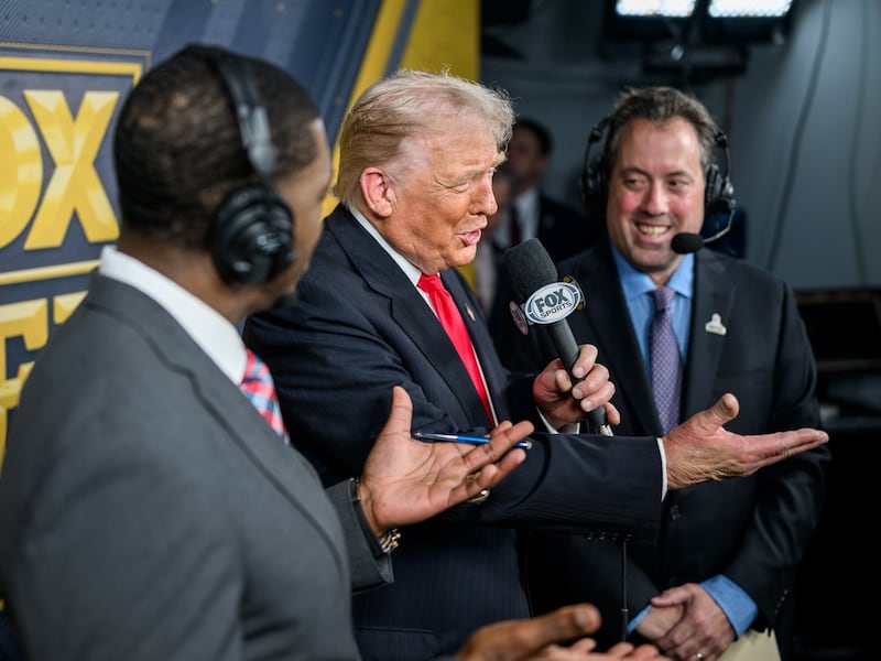 President Donald Trump calls the game alongside Kenny Albert and Jonathan Vilma in the Fox NFL broadcast booth as the Washington Commanders take on the Detroit Lions at Northwest Stadium in Landover, Maryland, Sunday, November 9, 2025. (Official White House Photo by Daniel Torok)