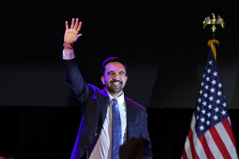 Zohran Mamdani celebrates during an election night event at the Brooklyn Paramount Theater in Brooklyn, New York on November 4, 2025.