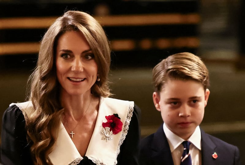 LONDON, ENGLAND - NOVEMBER 8: Britain's Catherine, Princess of Wales, and Prince George arrive at the Royal Albert Hall for the Royal British Legion Festival of Remembrance, an annual event honouring military service members, which holds special significance in 2025 as it marks the 80th anniversary of the end of World War Two, at the Royal Albert Hall on November 8, 2025 in London, England. (Photo by Jack Taylor - WPA Pool / Getty Images)