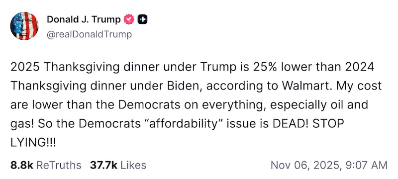 The president has been raving for days about the price of Walmart's Thanksgiving bundle.
