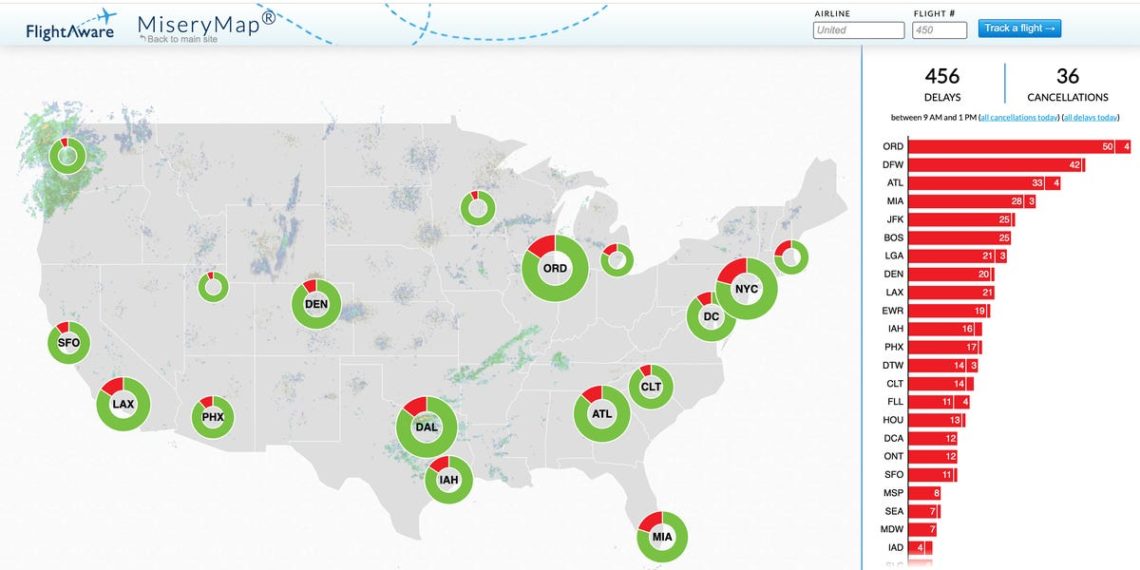 ‘Misery map’ shows which major airports are getting hit the hardest with flight delays and cancellations