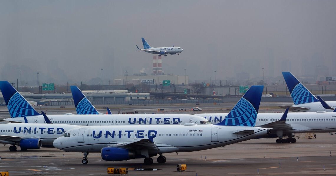 Images show dozens of planes in line to take off from Newark as shutdown chaos caused 4-hour-long delays