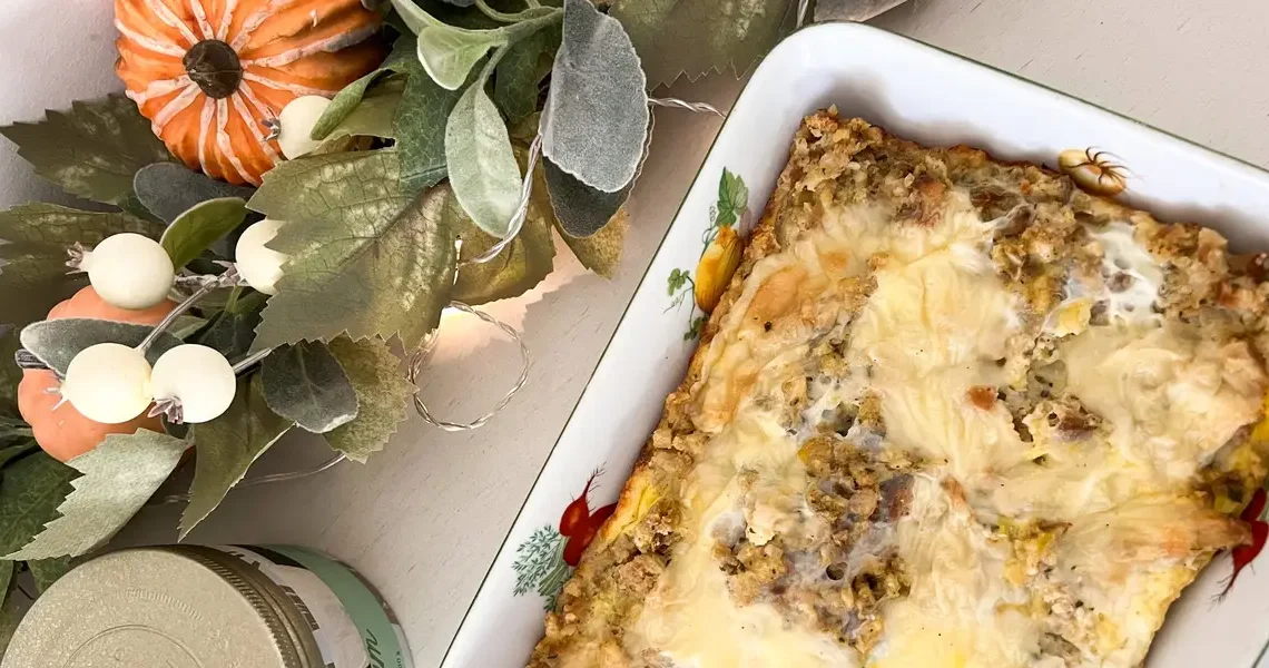 My mom’s ‘brunch bake’ is the easiest way to use leftover stuffing. We look forward to eating it every year.
