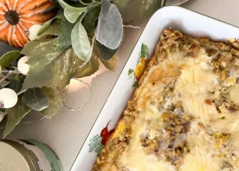 My mom’s ‘brunch bake’ is the easiest way to use leftover stuffing. We look forward to eating it every year.