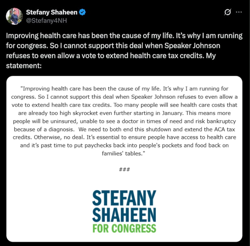 Stefany Shaheen's social media post criticized a deal pushed through in part by her mom, Jeanne.