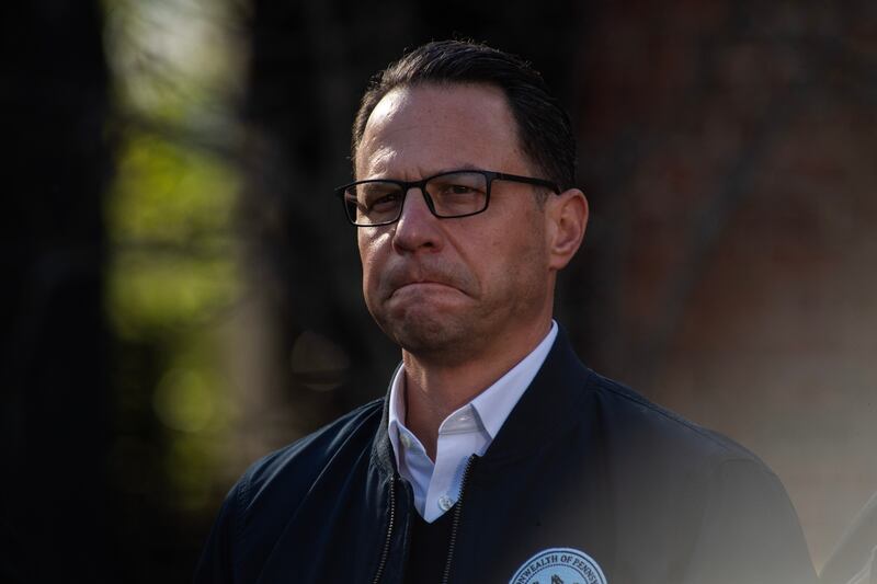 Pennsylvania Gov. Josh Shapiro speaks during a press conference outside of the Governor's Mansion after a portion of the property was damaged in an arson fire on April 13, 2025 in Harrisburg, Pennsylvania.