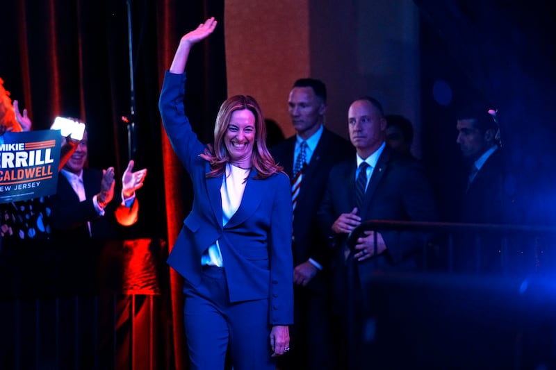 New Jersey Democratic gubernatorial candidate, Rep. Mikie Sherrill arrives to deliver remarks at her election night watch party on November 4, 2025 in East Brunswick, New Jersey after being projected the winner of the race.