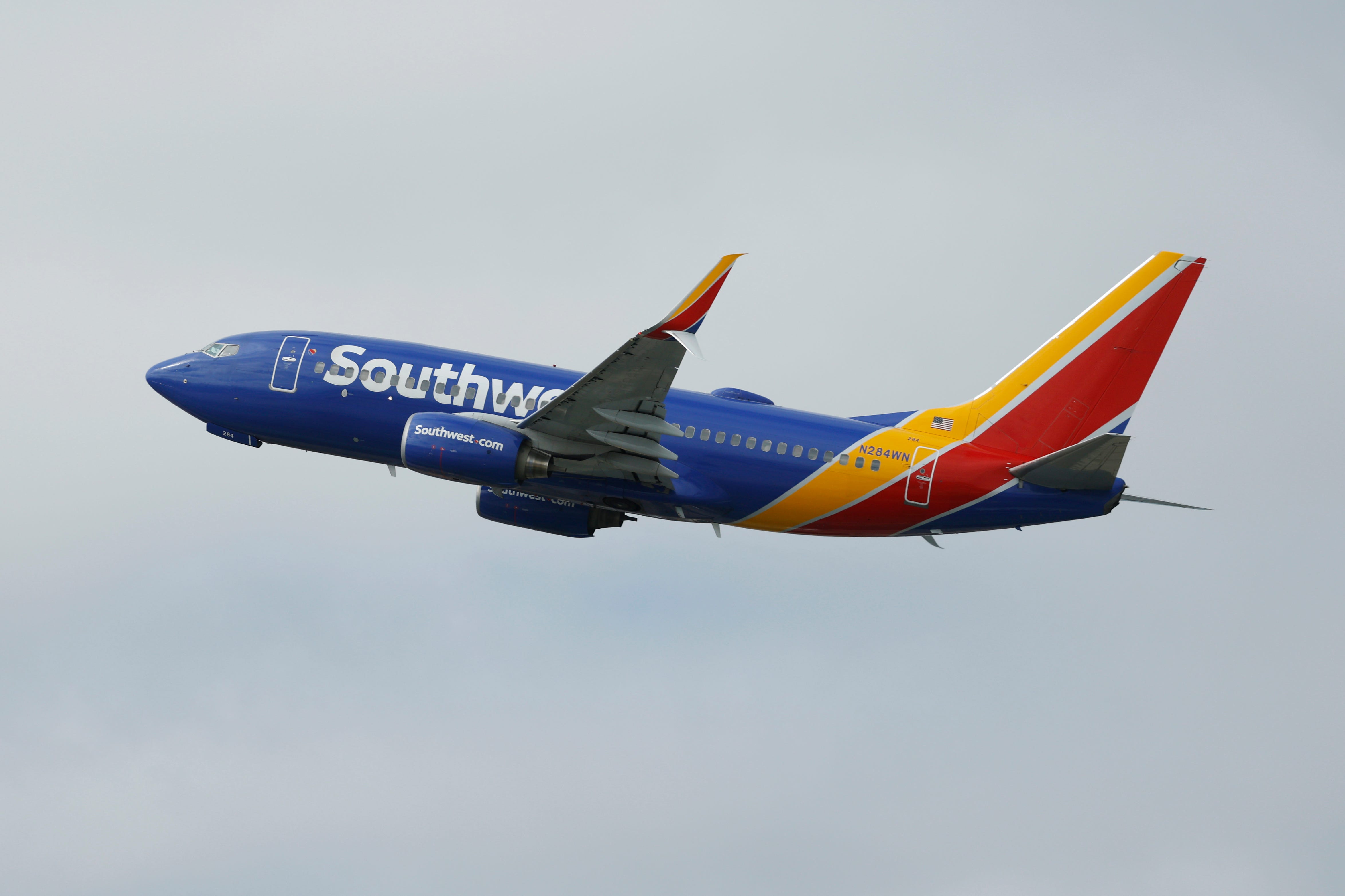 A Southwest Airlines Boeing 737 airplane departs from San Diego International Airport en route to Sacramento on August 15, 2025 in San Diego, California