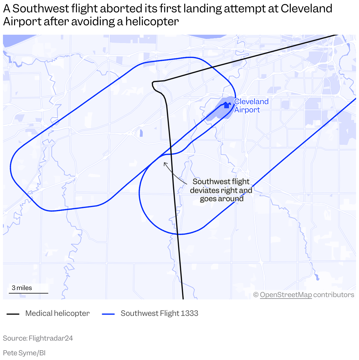 A map of the Cleveland, Ohio area shows the path of Southwest Flight 1333 and a medical helicopter on October 29, as the airliner was forced to change course and go around.
