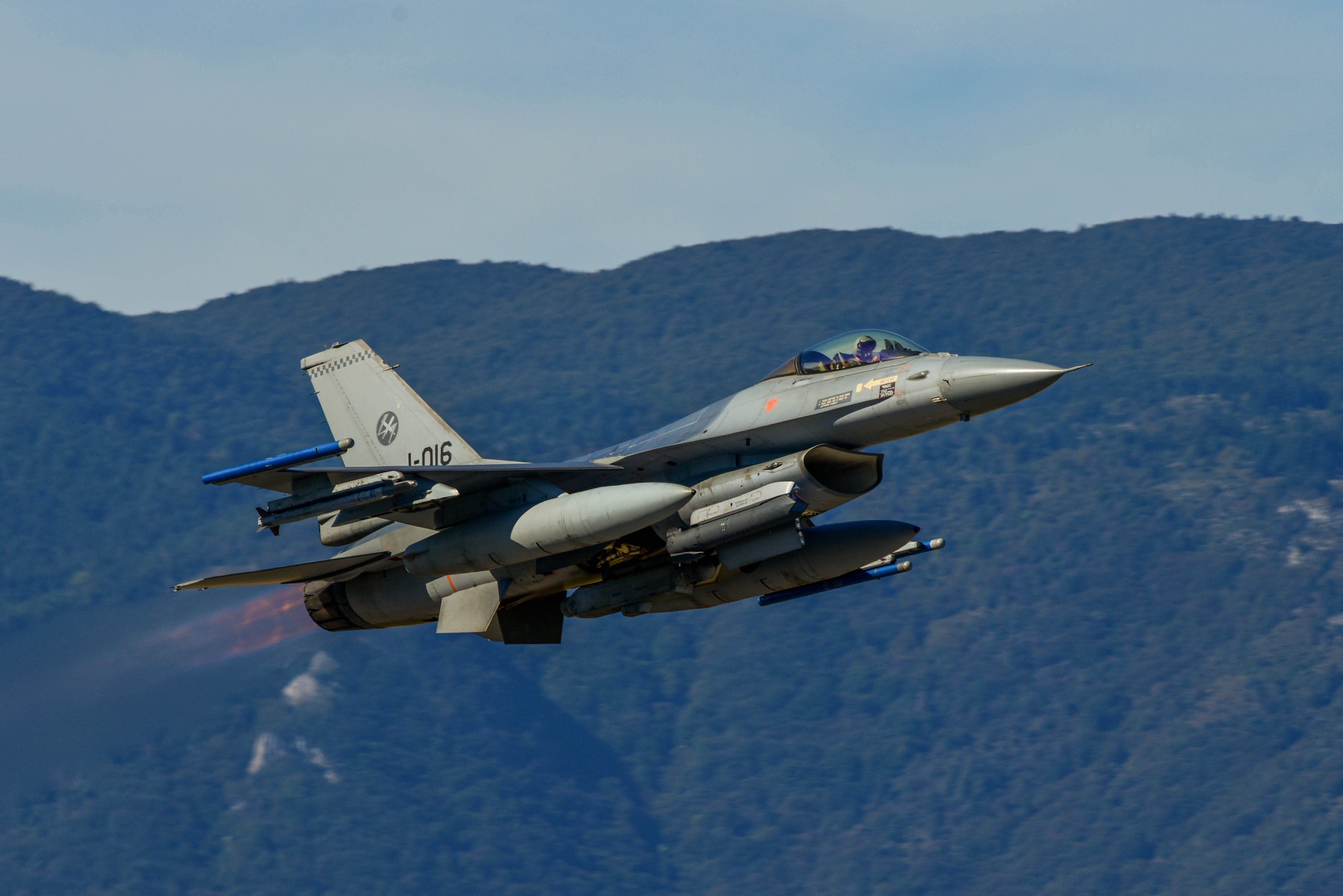 A Netherlands F-16 Fighting Falcon takes off for exercise Steadfast Noon in Northern Italy, Oct. 17, 2023.