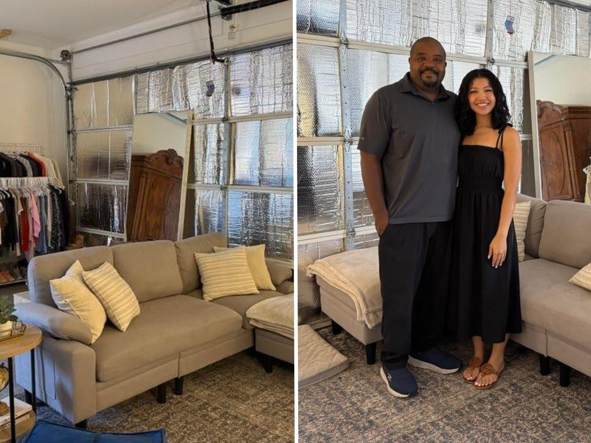 A side-by-side of a garage apartment and a father and daughter in the same space.