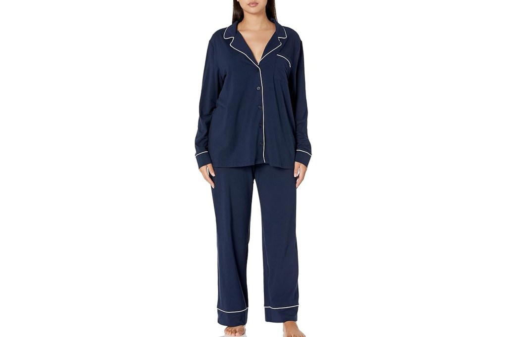 Navy blue pajama set with white piping.