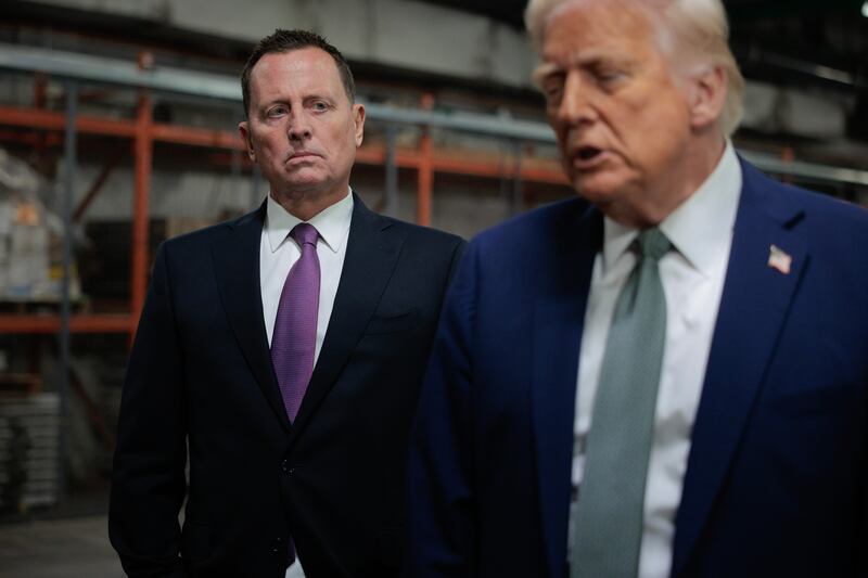 U.S. President Donald Trump speaks to the media alongside Richard Grenell, President of The Kennedy Center Board of Trustees, during a guided tour of the John F. Kennedy Center for the Performing Arts before leading a board meeting on March 17, 2025 in Washington, DC.