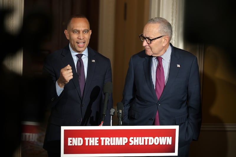 Senate Minority Leader Sen. Chuck Schumer and House Minority Leader Rep. Hakeem Jeffries, pictured October 16, have refused to back off their push for the short-term spending deal to address health care amid accusations from Republicans that Democrats are holding the government hostage.
