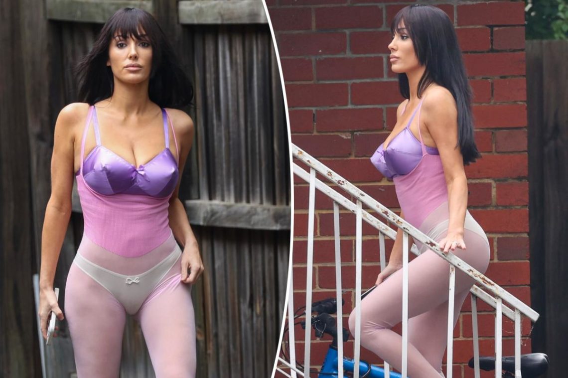 Bianca Censori pairs purple bullet bra with sheer pink bodystocking in Melbourne