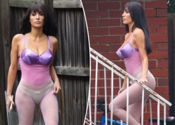 Bianca Censori pairs purple bullet bra with sheer pink bodystocking in Melbourne