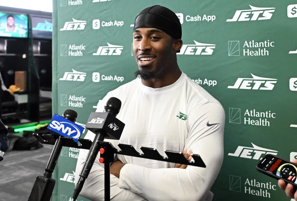 Jets running back Breece Hall talks with the media on Nov. 28, 2025.