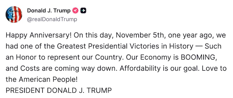 Donald Trump's Election anniversary post.