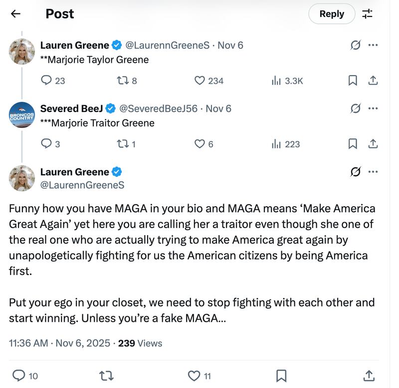 The Georgia lawmaker's daughter came out swinging against her mother's MAGA critics.