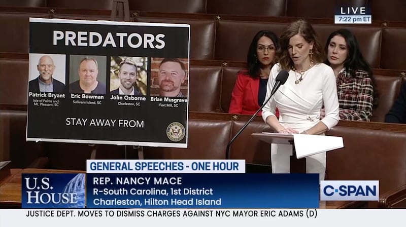 Rep. Nancy Mace during a House floor speech alleges she was videotaped “naked” without her knowledge — an encounter that left her feeling “humiliated” and “violated.”