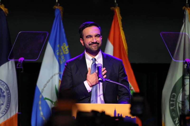 New York City Mayoral candidate Zohran Mamdani celebrates during an election night event at the Brooklyn Paramount Theater in Brooklyn, New York on November 4, 2025. New Yorkers elected leftist Zohran Mamdani as their next mayor November 4, 2025 broadcasters projected, on a day of key local ballots across the country offering the first electoral judgement of Donald Trump's tumultuous second White House term. (Photo by ANGELA WEISS / AFP) (Photo by ANGELA WEISS/AFP via Getty Images)