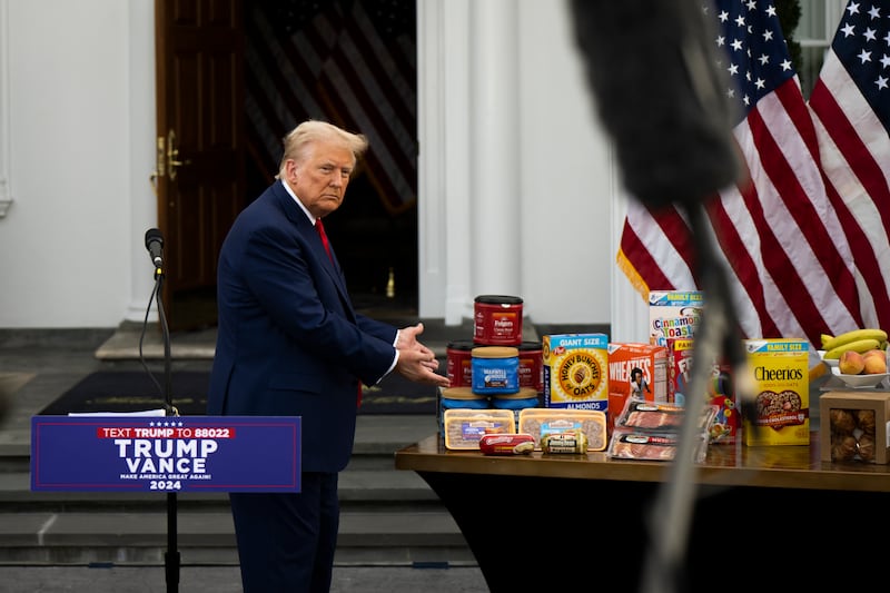 Donald Trump spoke about the price of groceries alongside a display table during a news conference at Trump National Golf Club on August 15, 2024, in Bedminster, New Jersey.