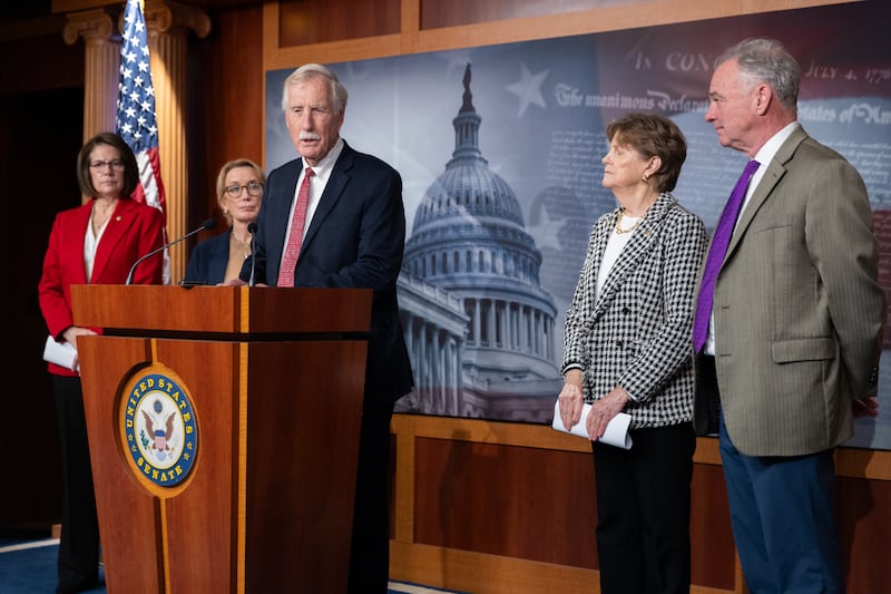 Senator Angus King (I) speaks at a press conference with four other Senate Democrats who voted for the government funding bill to end the shutdown on November 9, 2025.