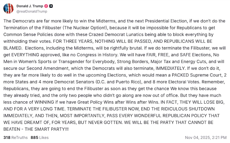 A screenshot of President Trump's rambling post calling for an end to the filibuster.