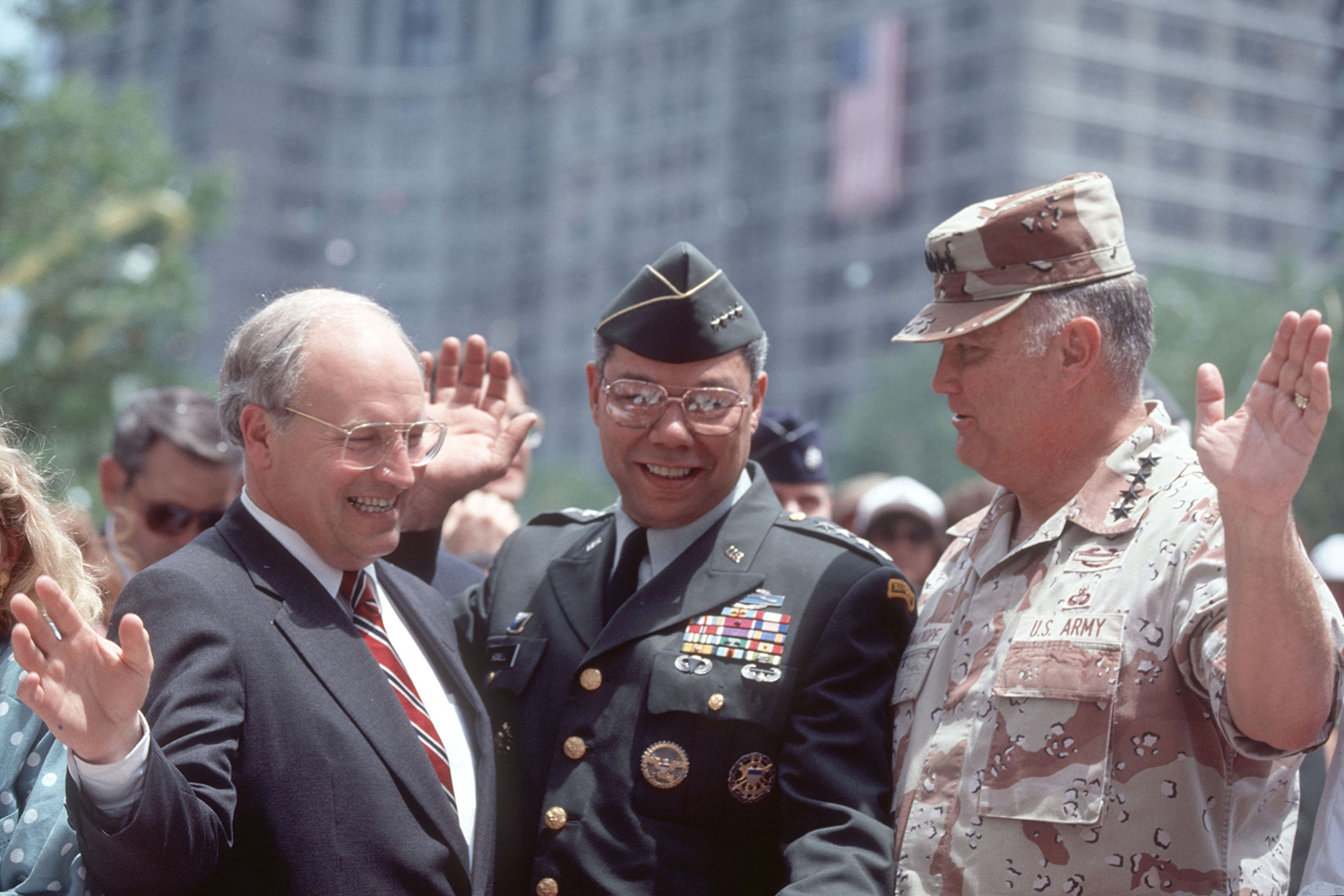 Dick Cheney, Colin Powell and Norman Schwarzkopf celebrate.