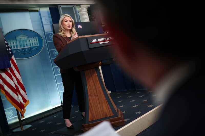 WASHINGTON, DC - NOVEMBER 12: White House Press Secretary Karoline Leavitt speaks during the daily press briefing in the Brady Press Briefing Room at the White House on November 12, 2025 in Washington, DC. Leavitt discussed the federal government shutdown and new emails released by Congress regarding Jeffrey Epstein, among other topics. (Photo by Win McNamee/Getty Images)
