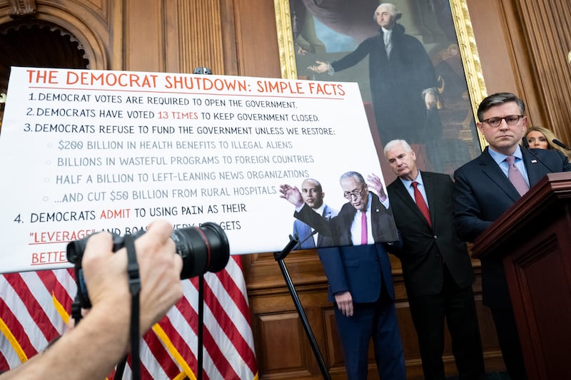 US Speaker of the House Mike Johnson, Republican of Louisiana, speaks about the government shutdown, now on Day 27, during a press conference at the US Capitol in Washington, DC, October 27, 2025. The US government shutdown entered its fourth week on October 23, becoming the second longest in history, as Donald Trump's Republicans and the opposition Democrats faced increasing pressure to end a stalemate that has crippled public services. (Photo by SAUL LOEB / AFP) (Photo by SAUL LOEB/AFP via Getty Images)