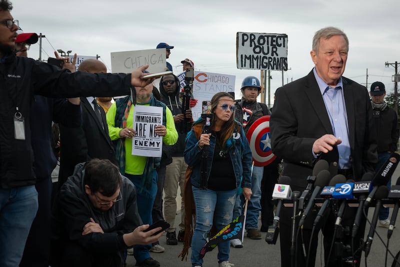 Senator Dick Durbin speaks to the press outside an ICE detention facility on October 10, 2025 in Broadview, Illinois. Demonstrations have been taking place outside of the facility for several weeks as the Trump administration works to arrest and detains immigrant in the Chicago area.