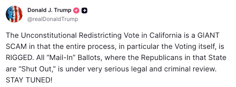 Trump Truth Social post about California's election