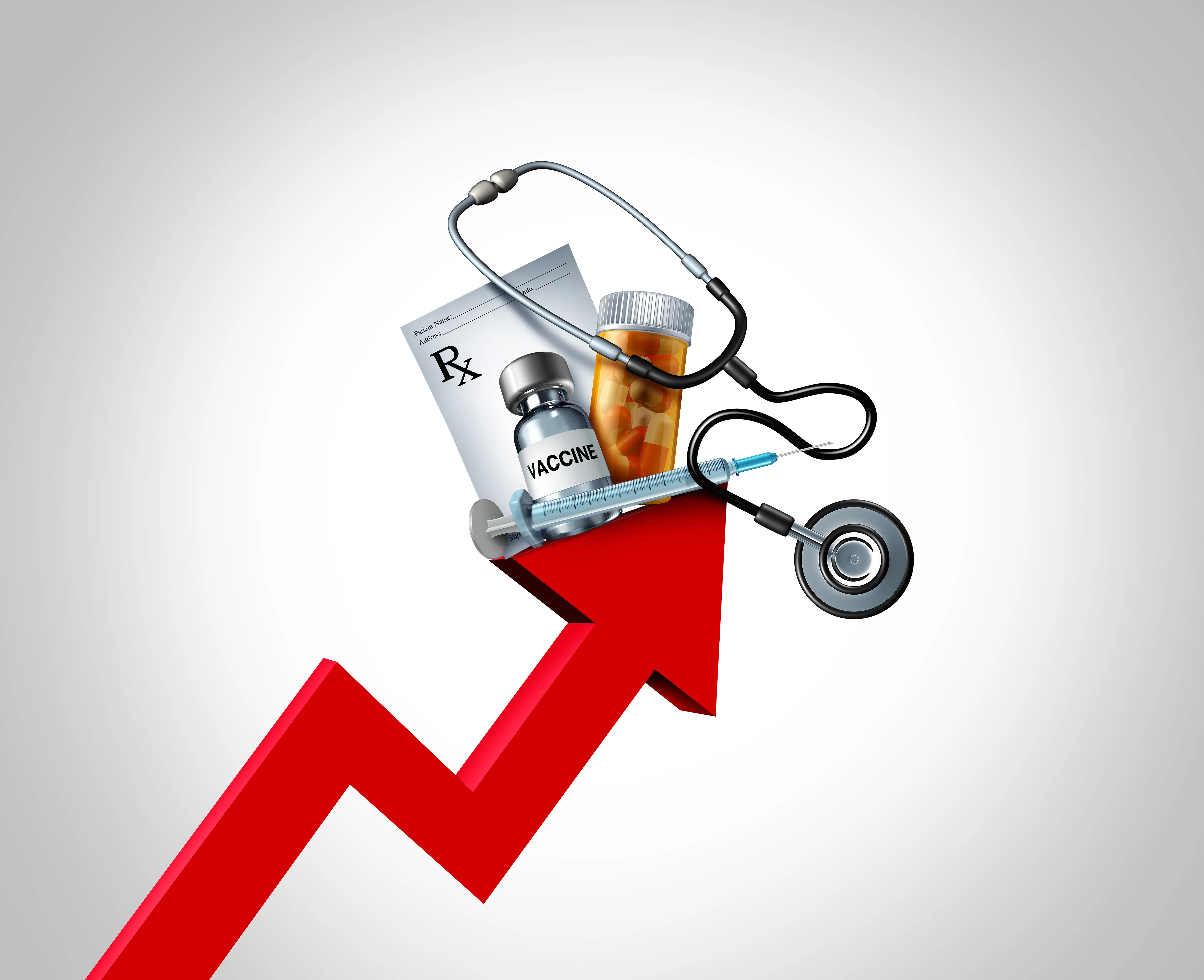 A photo illustration with a red arrow going up and prescriptions and a stethoscope balanced atop it